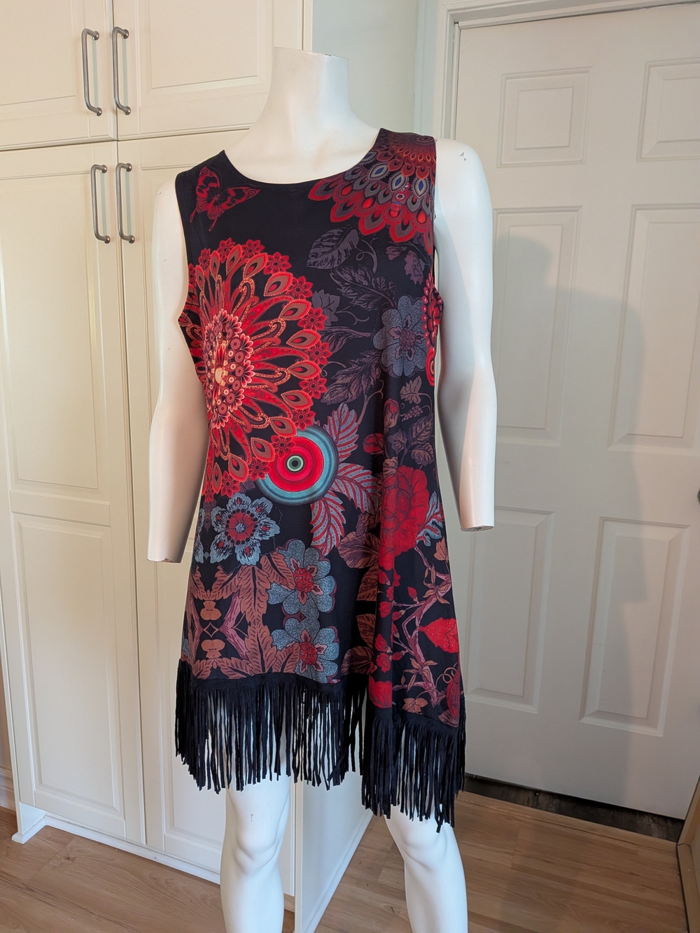 Floral Fringe Shift Dress - Red & Black